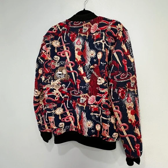 ZARA Mens Dark Blue All Over Skulls Skeletons Heart Graphic‎ Bomber Jacket - Picture 6 of 6